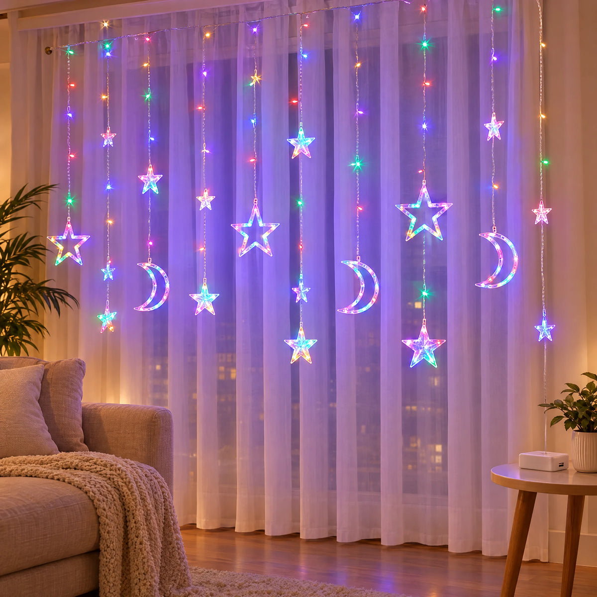 Star Curtain String Lights with Moon and Wishing Ball Styles - Star Moon Style Colorful - Battery Model +USB Dual-Use Model