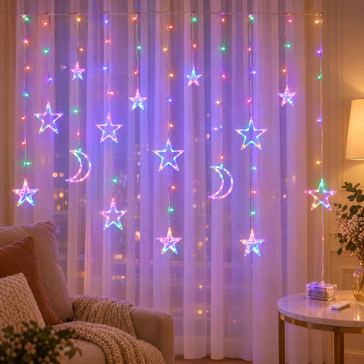 Star Curtain String Lights with Moon and Wishing Ball Styles - Star Moon Style Colorful - Battery Box with Remote Control