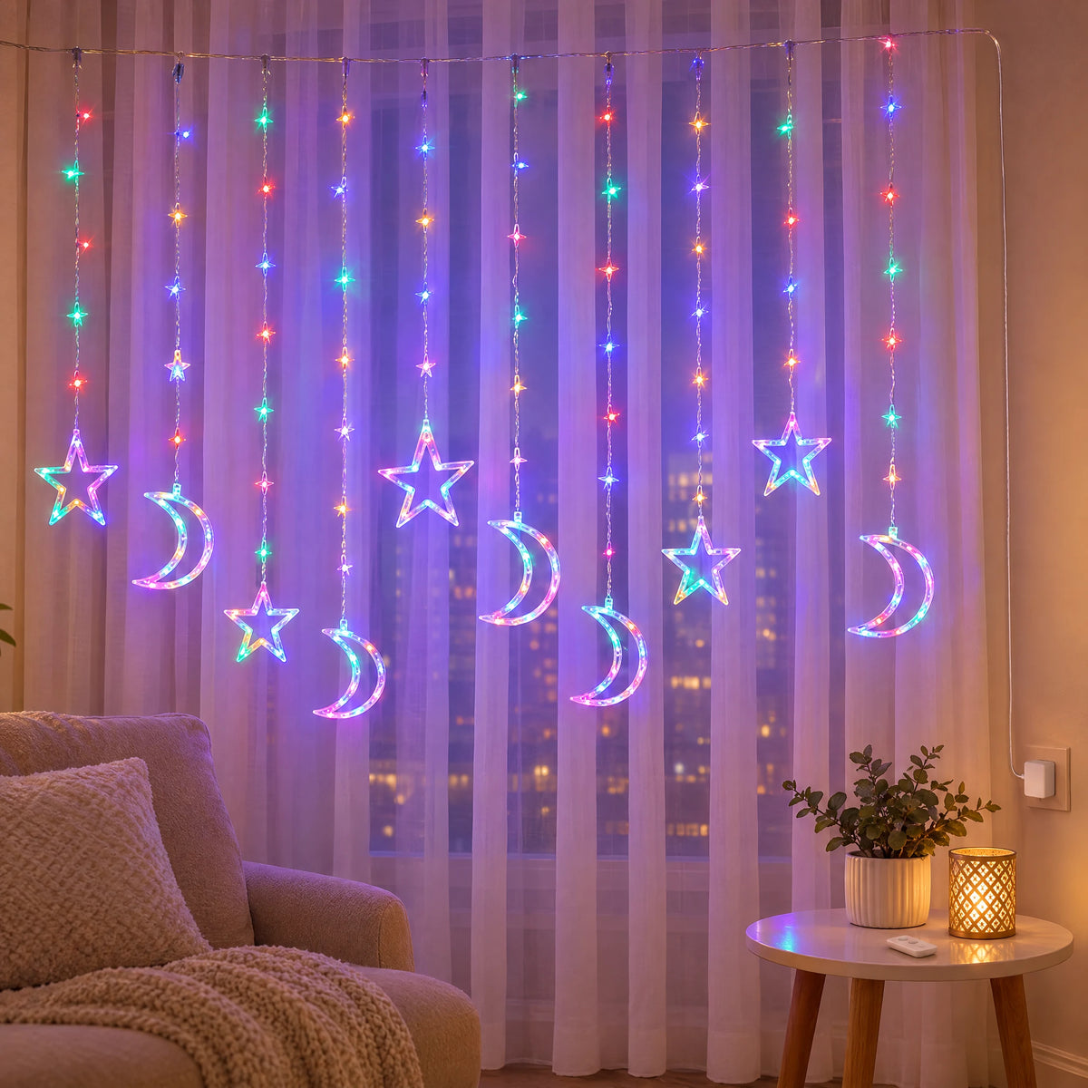 Star Curtain String Lights with Moon and Wishing Ball Styles - Star Moon Style Colorful - USB with Remote Control