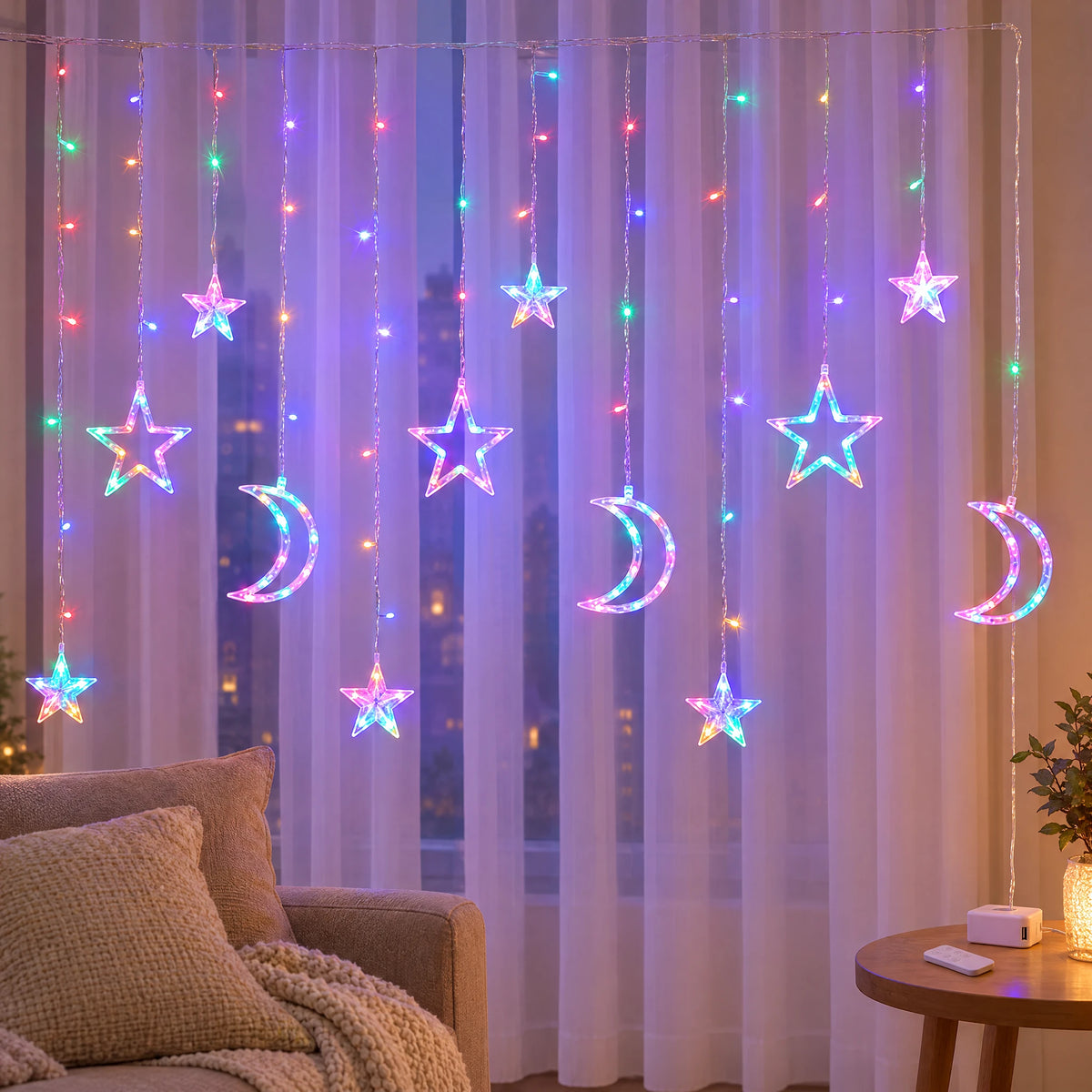 Star Curtain String Lights with Moon and Wishing Ball Styles - Star Moon Style Colorful - Battery +USB Dual-Use Model with Remote Control