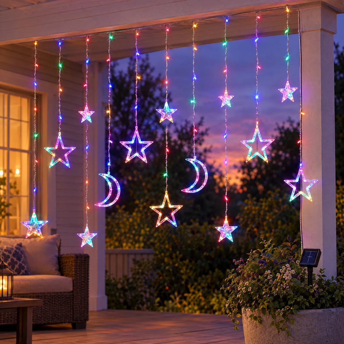 Star Curtain String Lights with Moon and Wishing Ball Styles - Star Moon Style Colorful - Solar 8 Functions