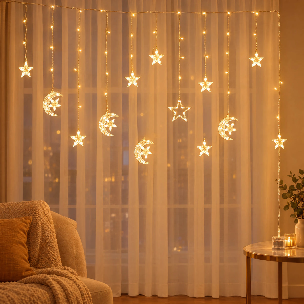Star Curtain String Lights with Moon and Wishing Ball Styles - Moon Embracing Star Warm White - Battery Box Model