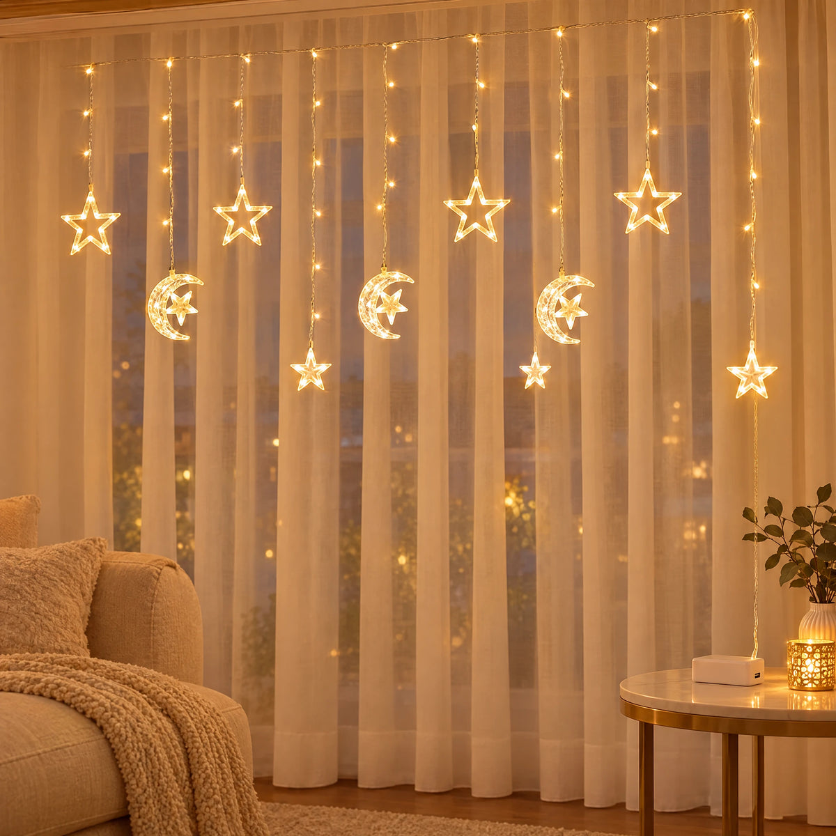 Star Curtain String Lights with Moon and Wishing Ball Styles - Moon Embracing Star Warm White - Battery Model +USB Dual-Use Model