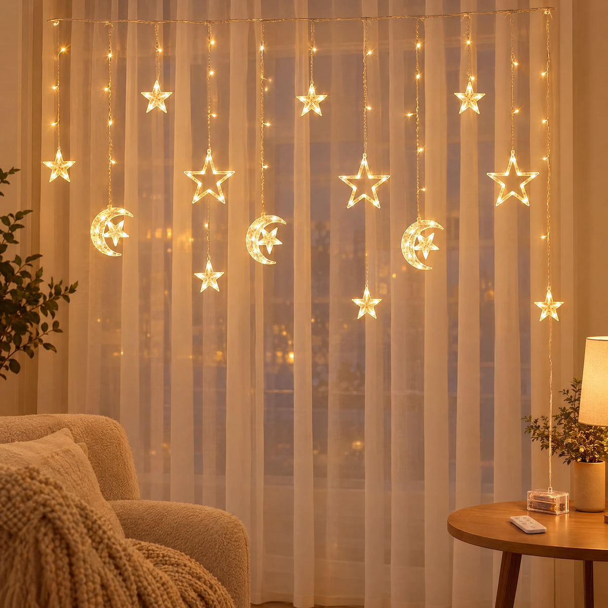 Star Curtain String Lights with Moon and Wishing Ball Styles - Moon Embracing Star Warm White - Battery Box with Remote Control