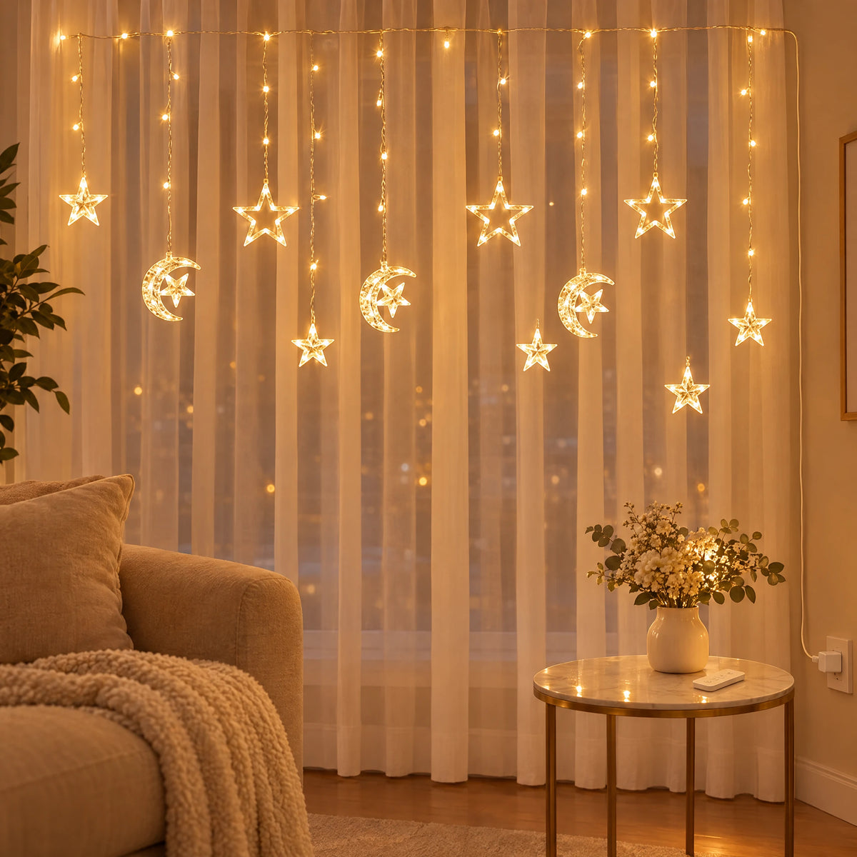 Star Curtain String Lights with Moon and Wishing Ball Styles - Moon Embracing Star Warm White - USB with Remote Control