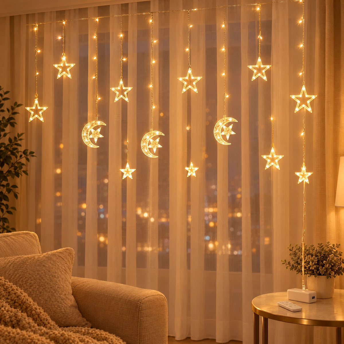 Star Curtain String Lights with Moon and Wishing Ball Styles - Moon Embracing Star Warm White - Battery +USB Dual-Use Model with Remote Control