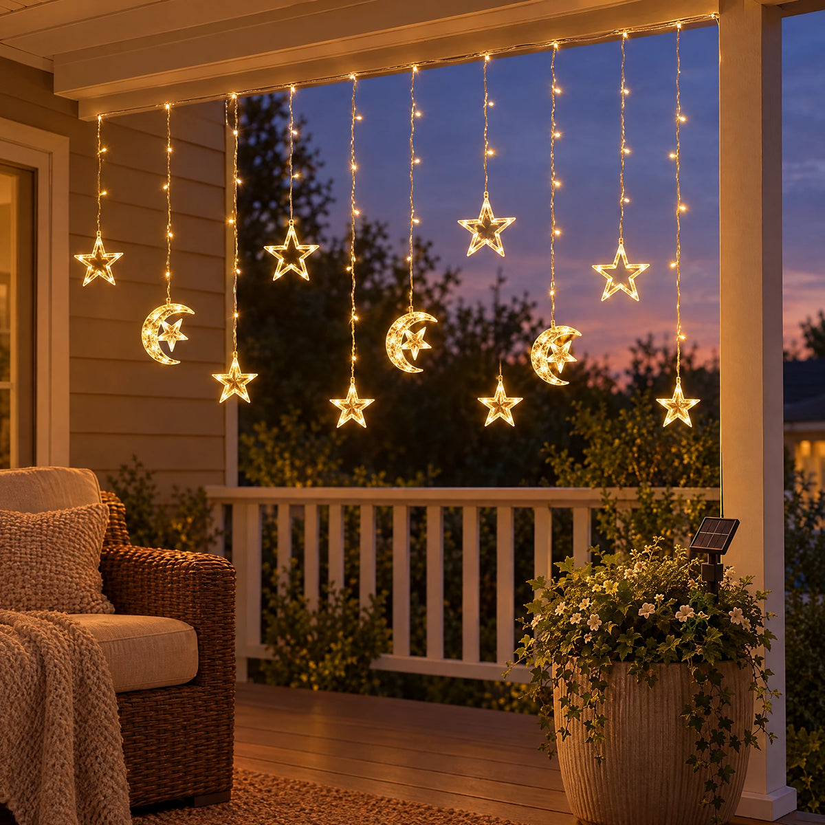 Star Curtain String Lights with Moon and Wishing Ball Styles - Moon Embracing Star Warm White - Solar 8 Functions