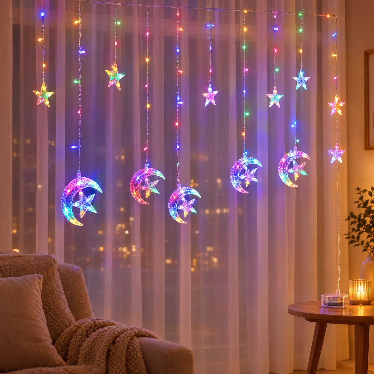 Star Curtain String Lights with Moon and Wishing Ball Styles - Moon Embracing Star Colorful - Battery Box Model