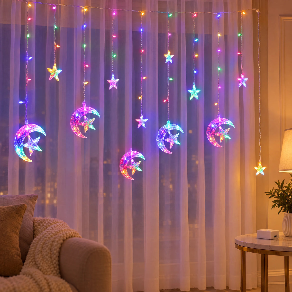 Star Curtain String Lights with Moon and Wishing Ball Styles - Moon Embracing Star Colorful - Battery Model +USB Dual-Use Model