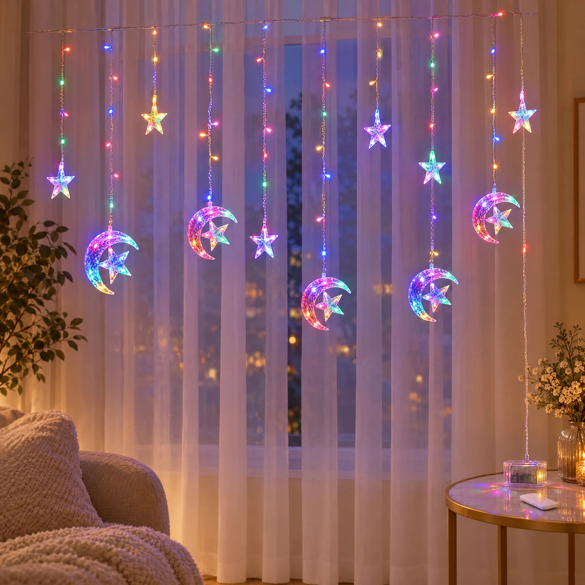 Star Curtain String Lights with Moon and Wishing Ball Styles - Moon Embracing Star Colorful - Battery Box with Remote Control