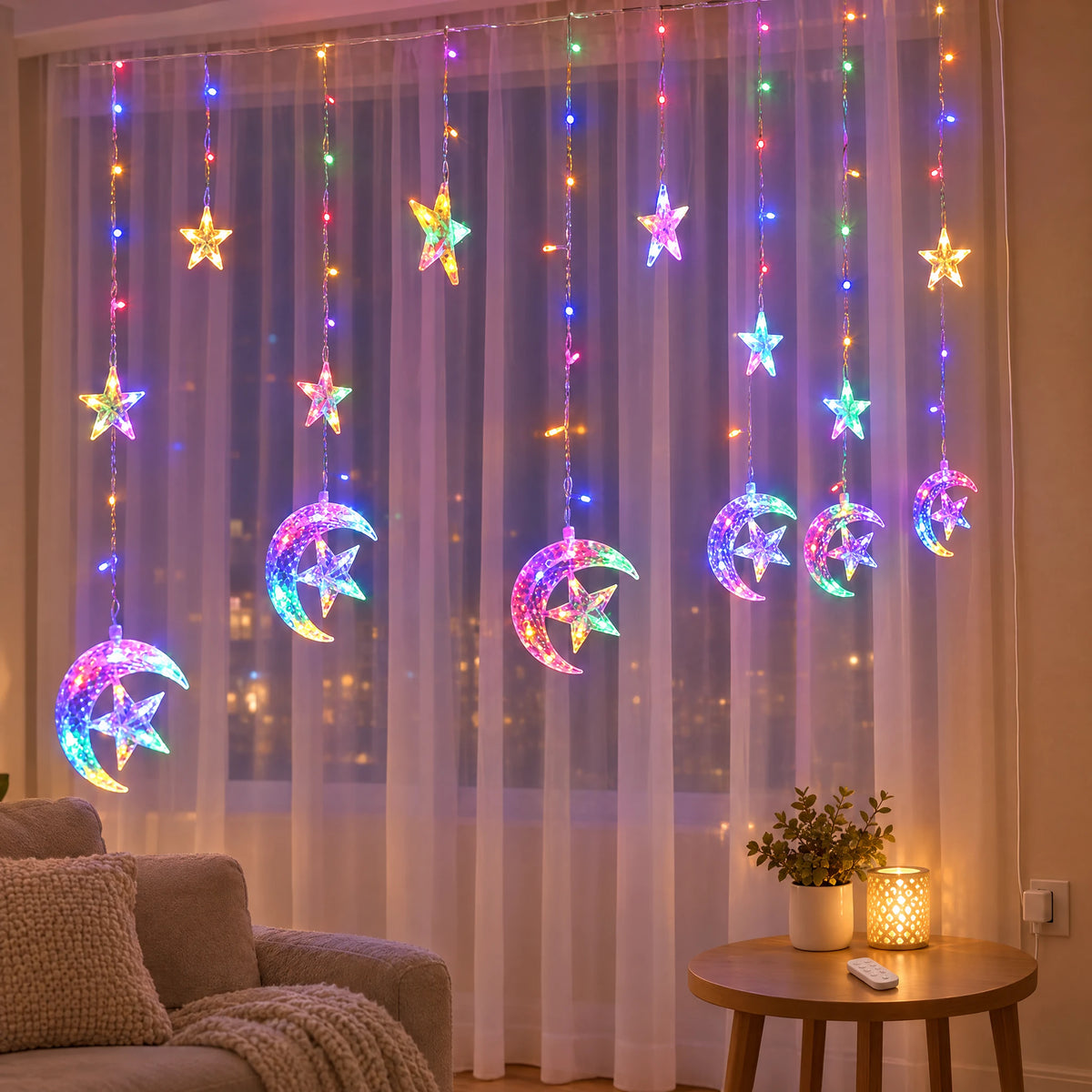 Star Curtain String Lights with Moon and Wishing Ball Styles - Moon Embracing Star Colorful - USB with Remote Control