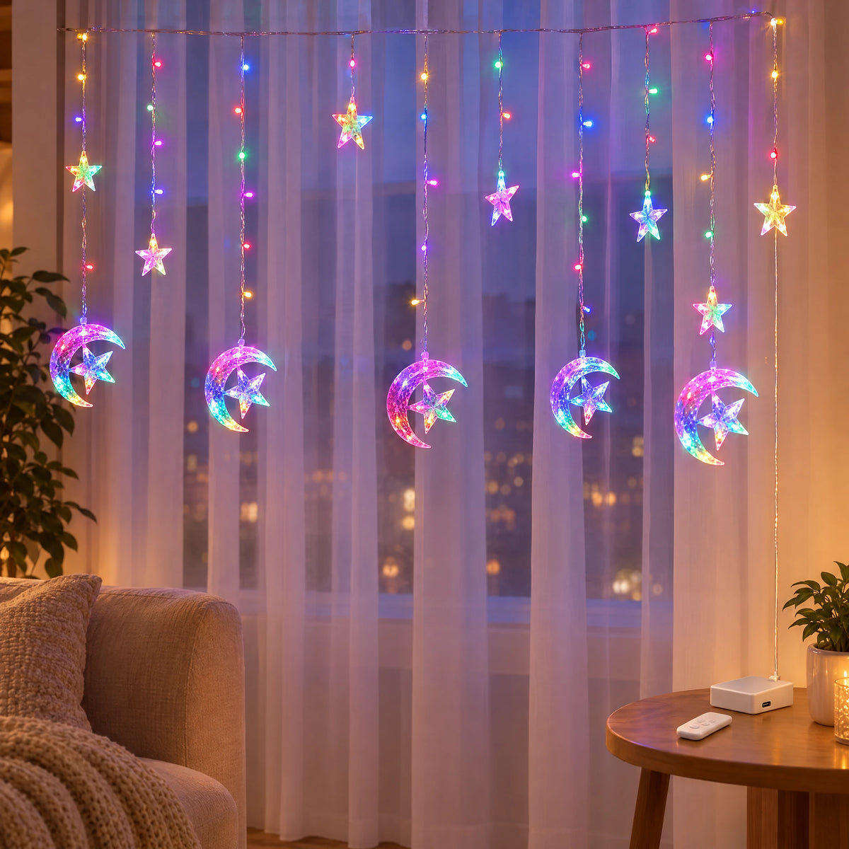 Star Curtain String Lights with Moon and Wishing Ball Styles - Moon Embracing Star Colorful - Battery +USB Dual-Use Model with Remote Control