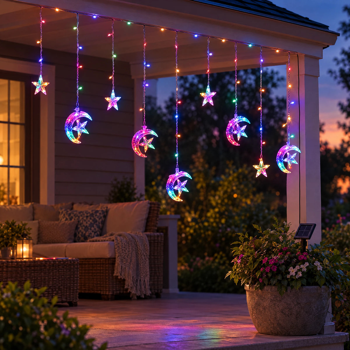 Star Curtain String Lights with Moon and Wishing Ball Styles - Moon Embracing Star Colorful - Solar 8 Functions