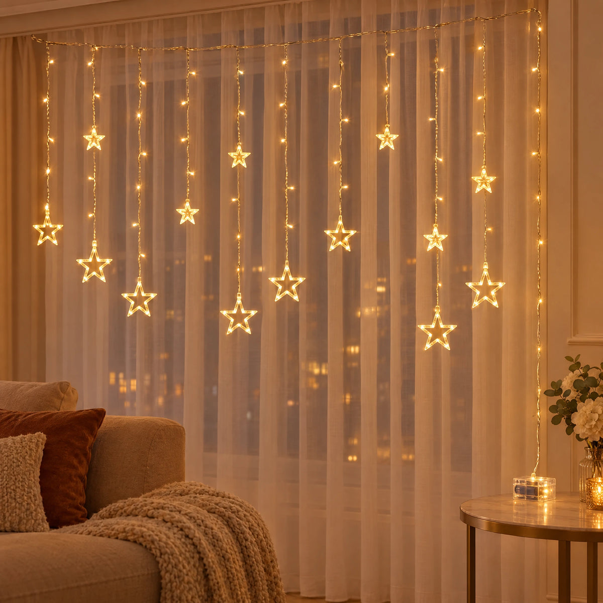 Star Curtain String Lights with Moon and Wishing Ball Styles - Star Style Warm White - Battery Box Model