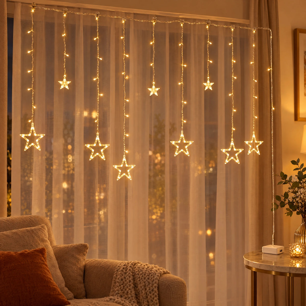 Star Curtain String Lights with Moon and Wishing Ball Styles - Star Style Warm White - Battery Model +USB Dual-Use Model