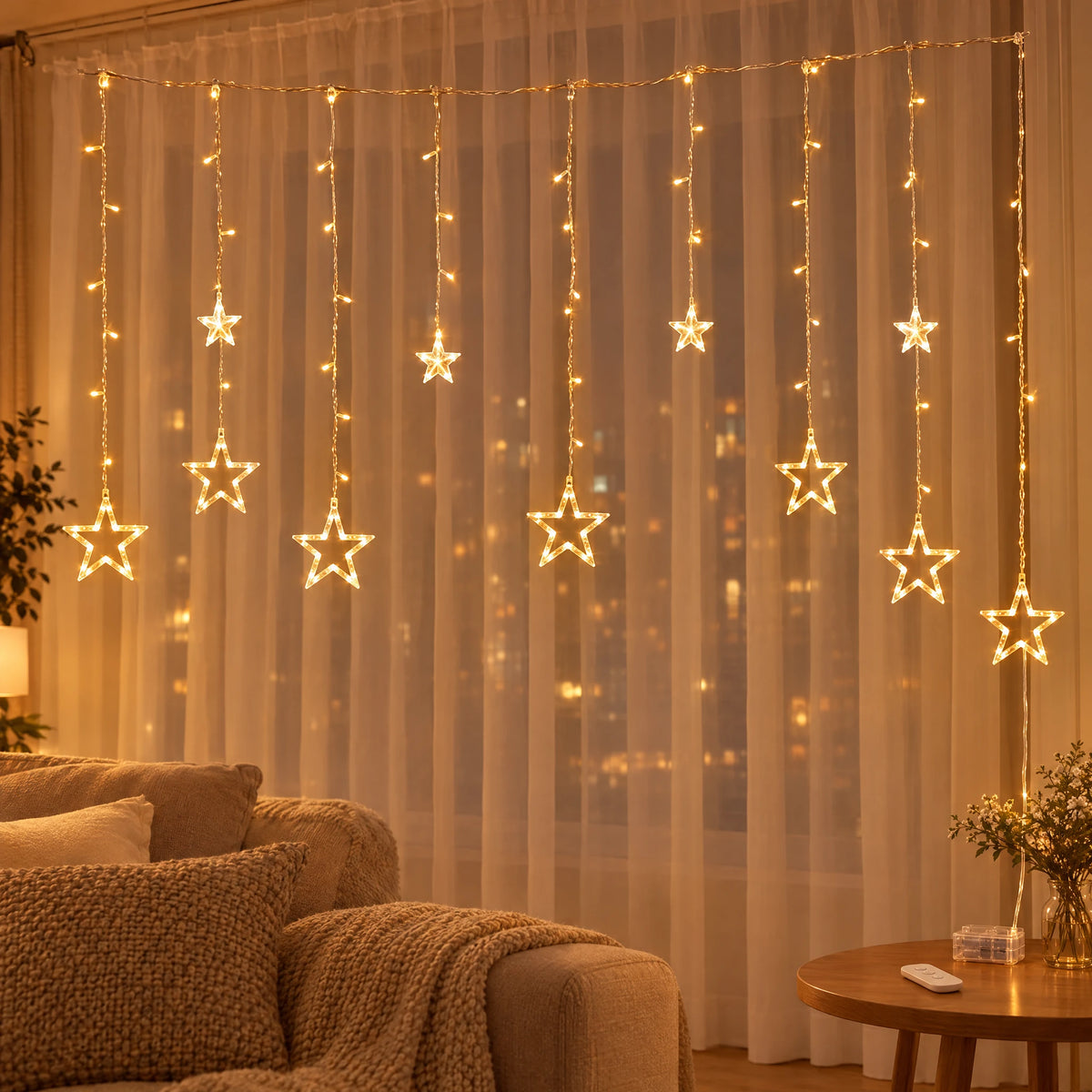 Star Curtain String Lights with Moon and Wishing Ball Styles - Star Style Warm White - Battery Box with Remote Control