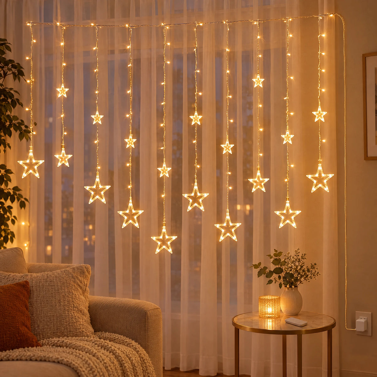 Star Curtain String Lights with Moon and Wishing Ball Styles - Star Style Warm White - USB with Remote Control