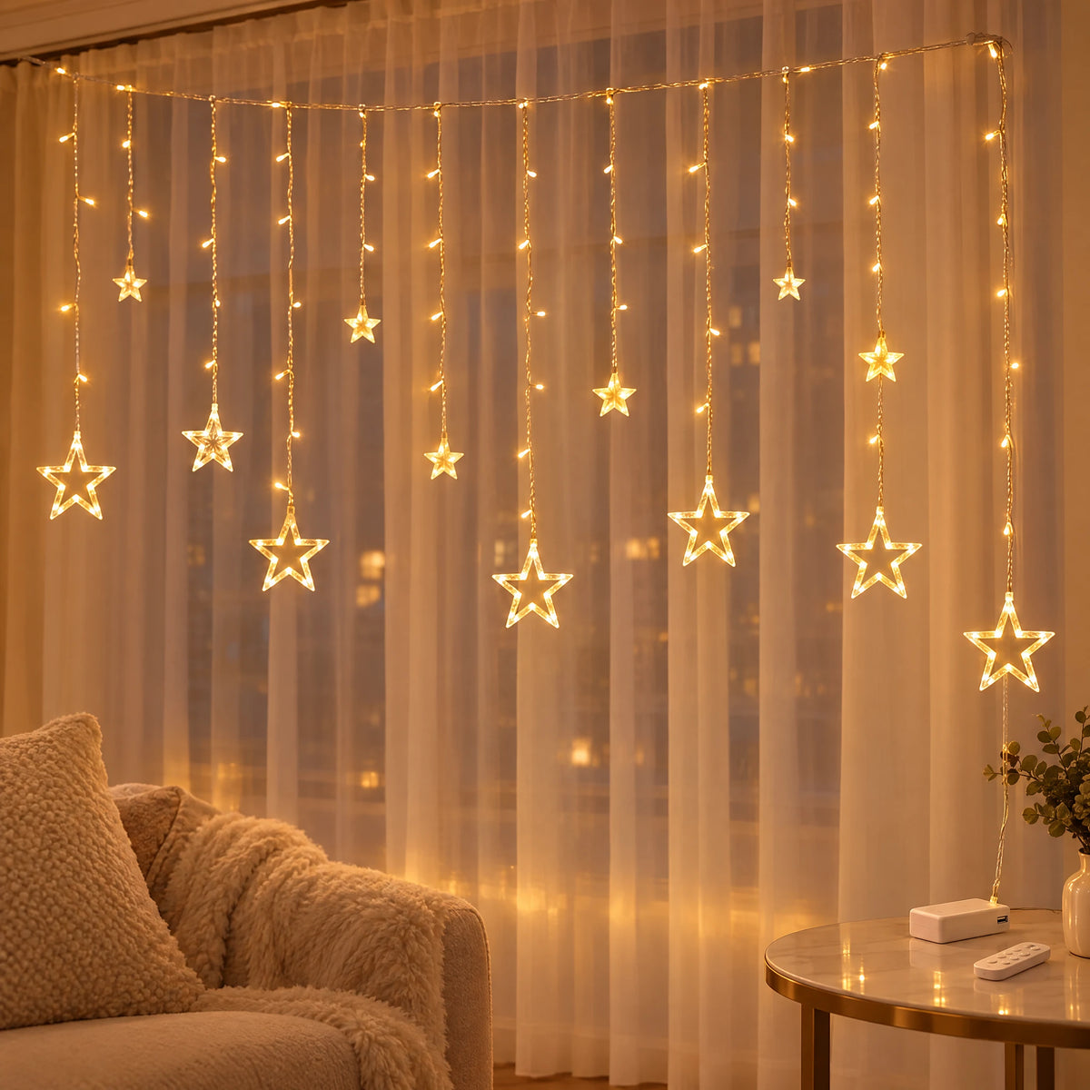Star Curtain String Lights with Moon and Wishing Ball Styles - Star Style Warm White - Battery +USB Dual-Use Model with Remote Control