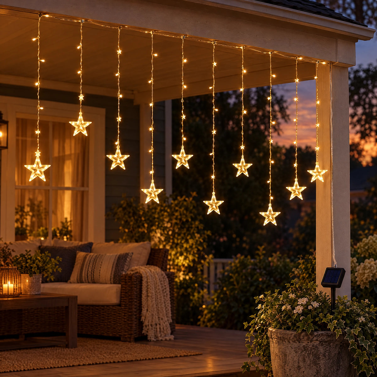 Star Curtain String Lights with Moon and Wishing Ball Styles - Star Style Warm White - Solar 8 Functions