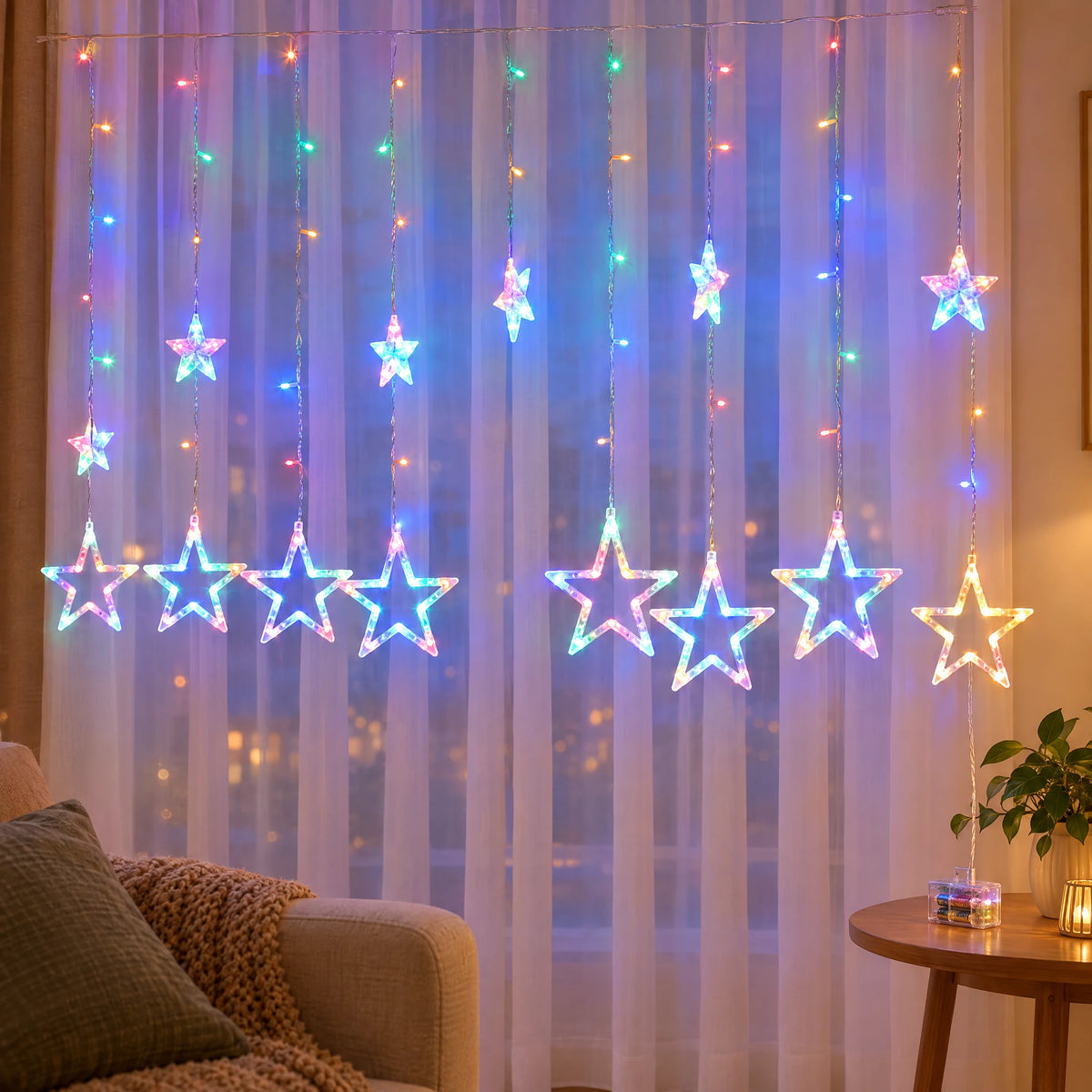 Star Curtain String Lights with Moon and Wishing Ball Styles - Star Style Colorful - Battery Box Model