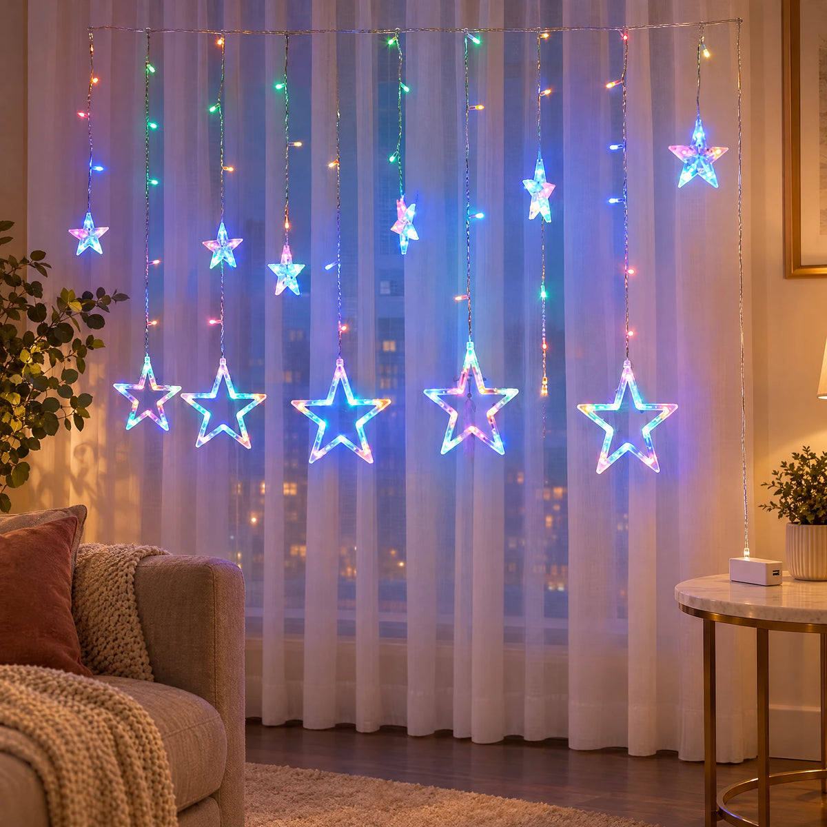 Star Curtain String Lights with Moon and Wishing Ball Styles - Star Style Colorful - Battery Model +USB Dual-Use Model