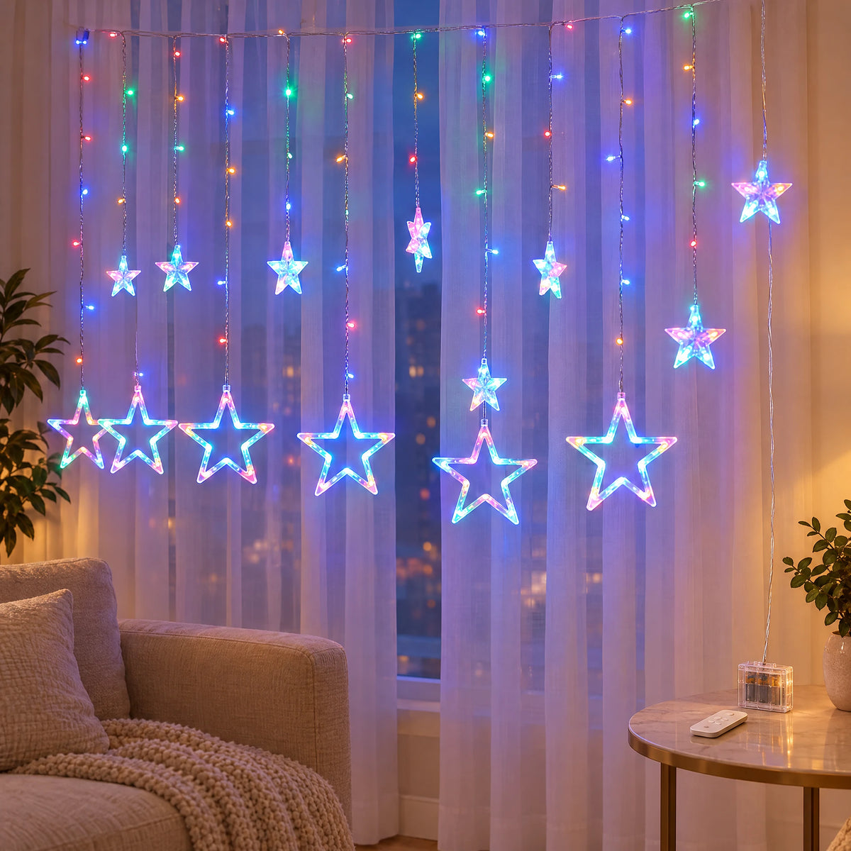Star Curtain String Lights with Moon and Wishing Ball Styles - Star Style Colorful - Battery Box with Remote Control