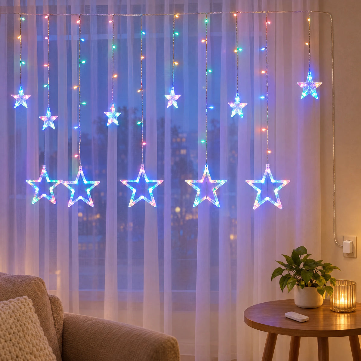 Star Curtain String Lights with Moon and Wishing Ball Styles - Star Style Colorful - USB with Remote Control