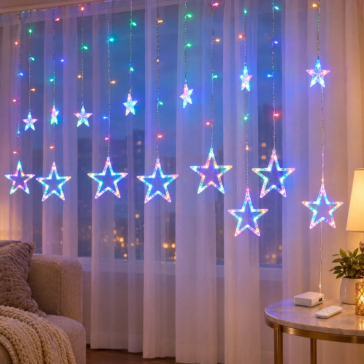 Star Curtain String Lights with Moon and Wishing Ball Styles - Star Style Colorful - Battery +USB Dual-Use Model with Remote Control