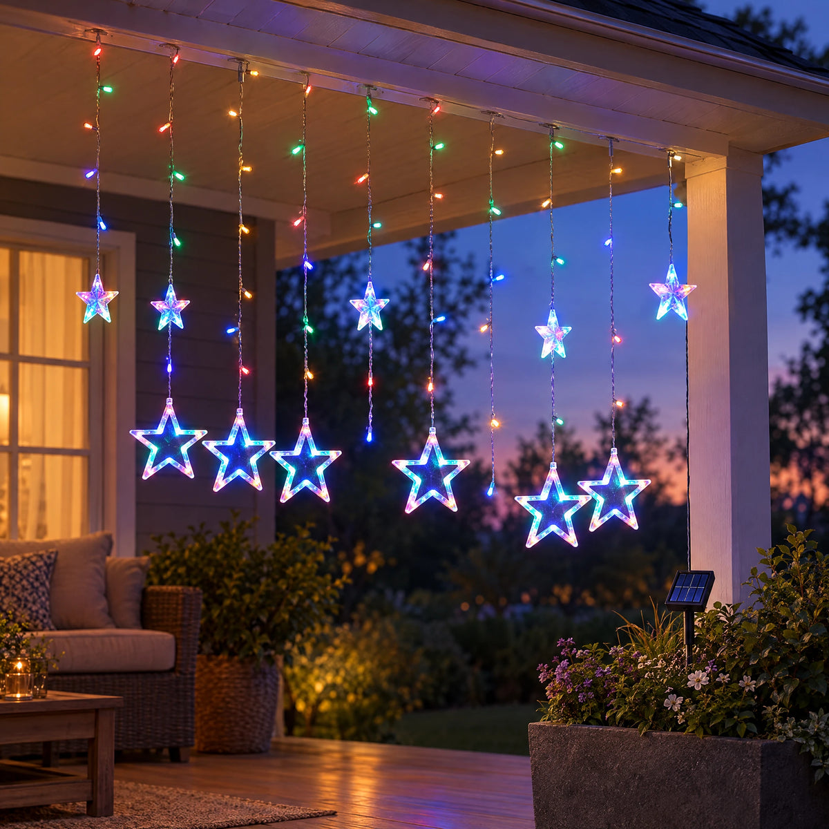 Star Curtain String Lights with Moon and Wishing Ball Styles - Star Style Colorful - Solar 8 Functions
