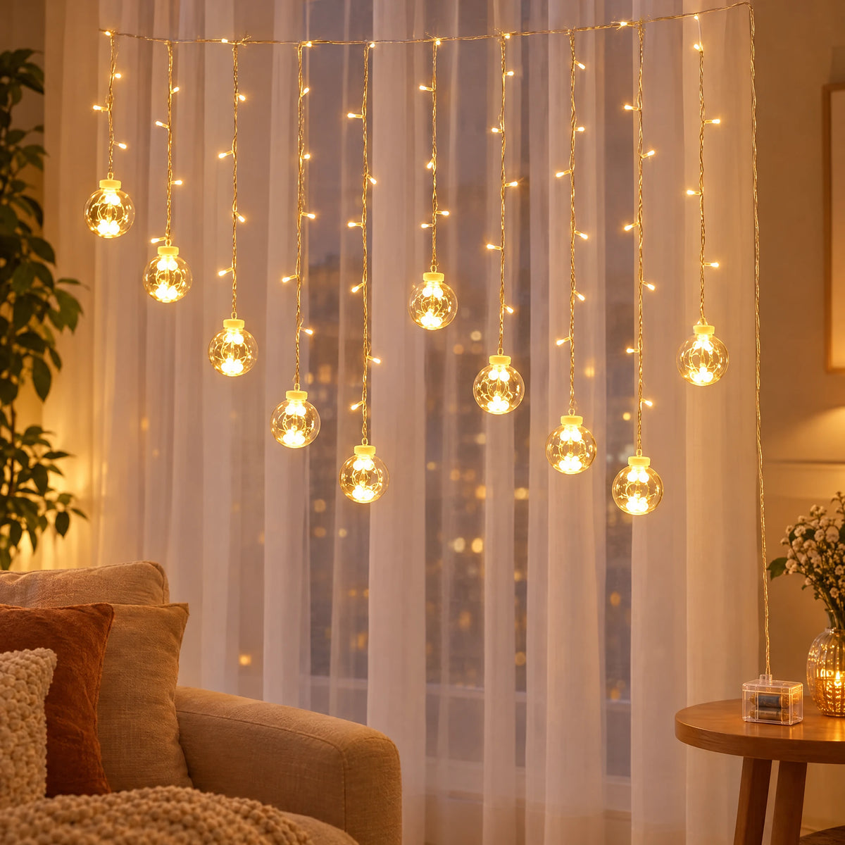 Star Curtain String Lights with Moon and Wishing Ball Styles - Wishing Ball Warm White - Battery Box Model