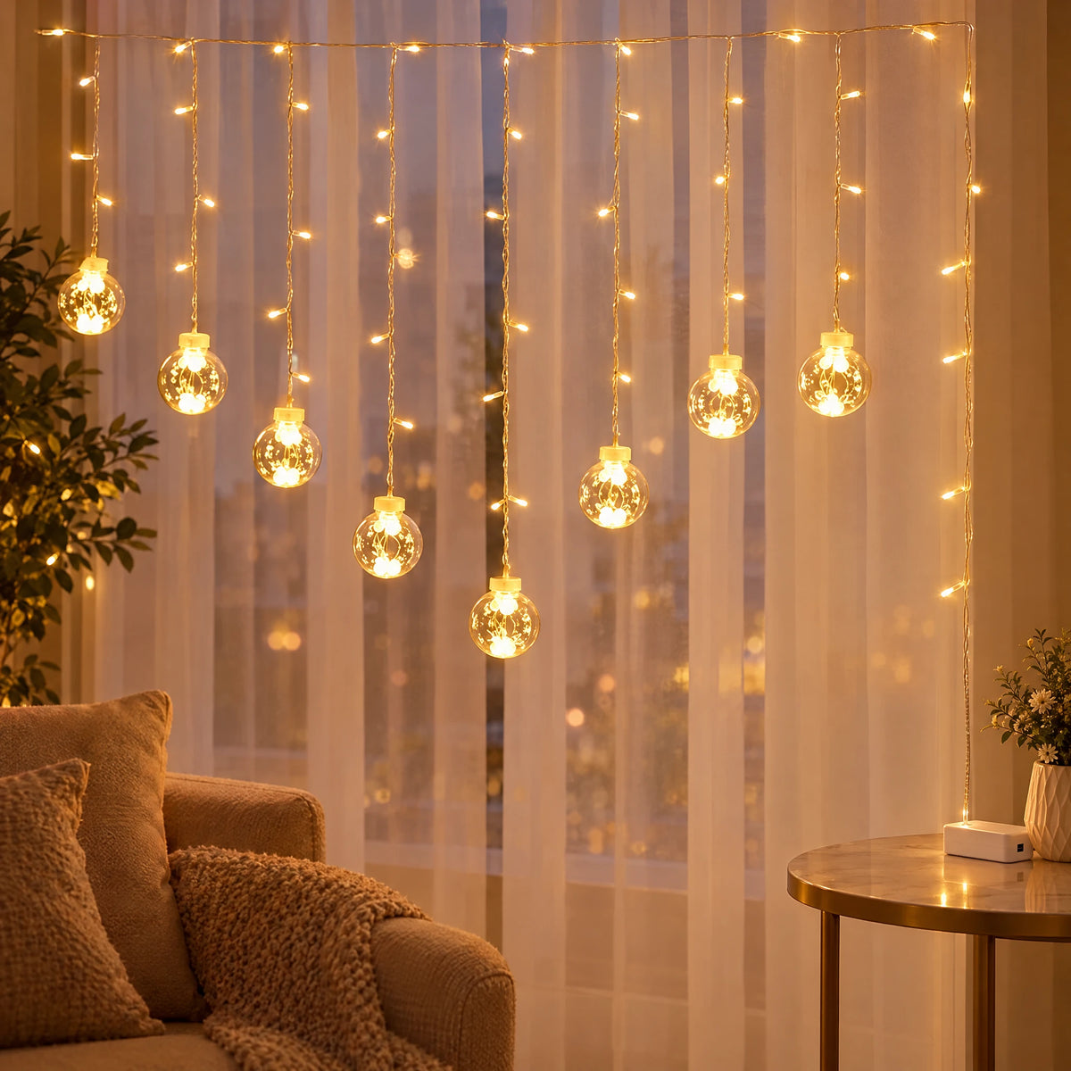 Star Curtain String Lights with Moon and Wishing Ball Styles - Wishing Ball Warm White - Battery Model +USB Dual-Use Model
