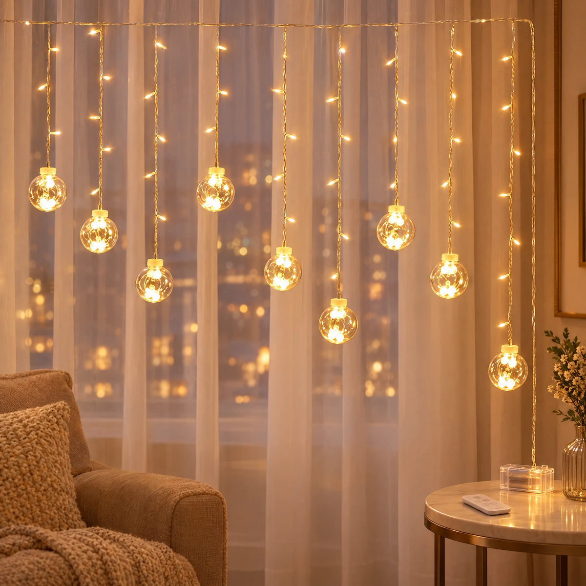 Star Curtain String Lights with Moon and Wishing Ball Styles - Wishing Ball Warm White - Battery Box with Remote Control