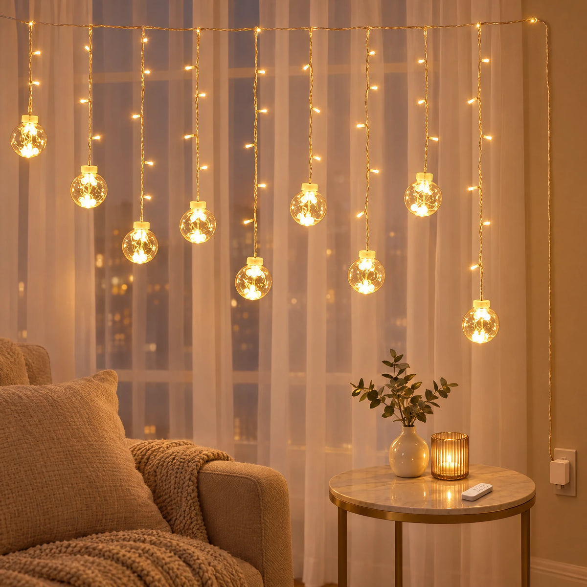 Star Curtain String Lights with Moon and Wishing Ball Styles - Wishing Ball Warm White - USB with Remote Control