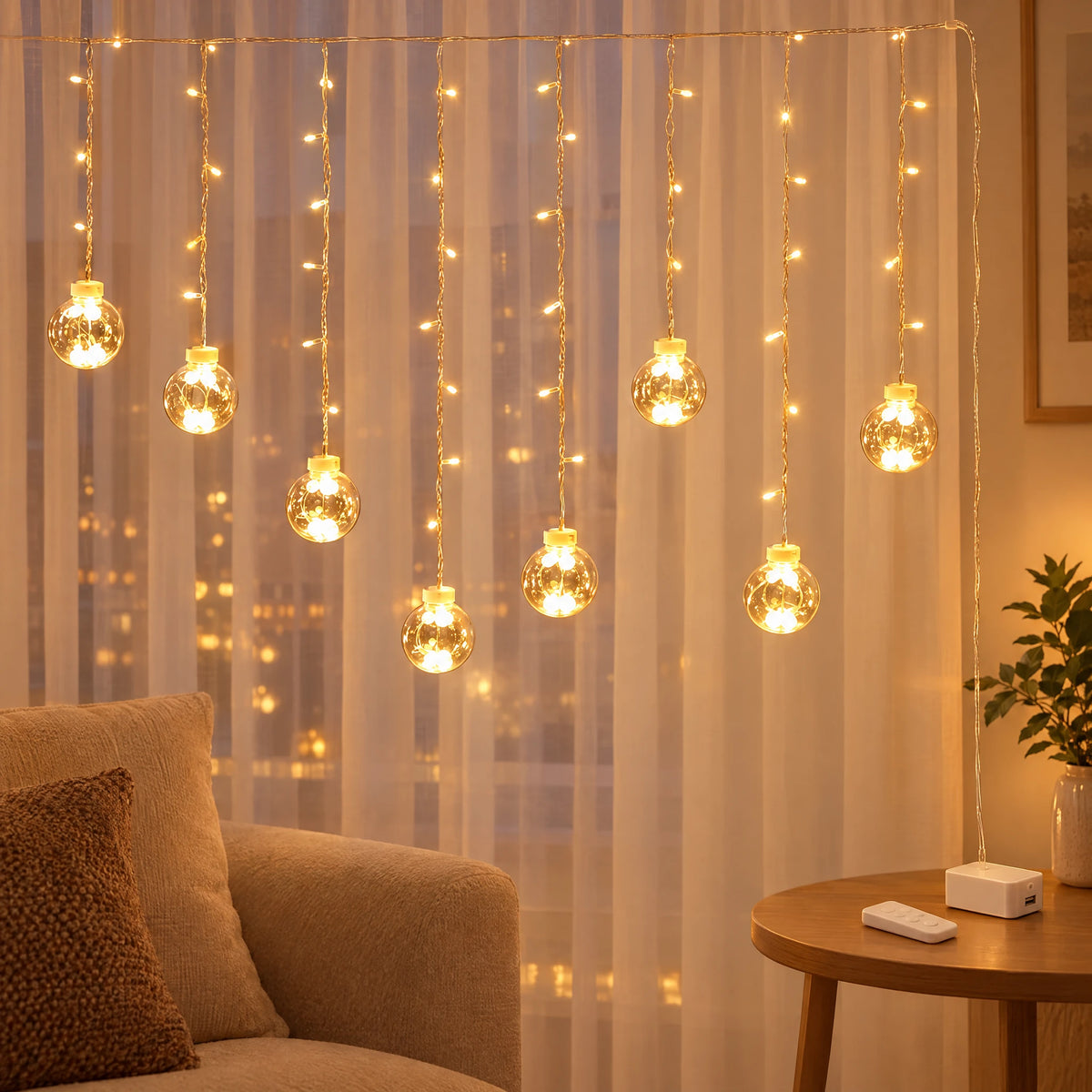 Star Curtain String Lights with Moon and Wishing Ball Styles - Wishing Ball Warm White - Battery +USB Dual-Use Model with Remote Control