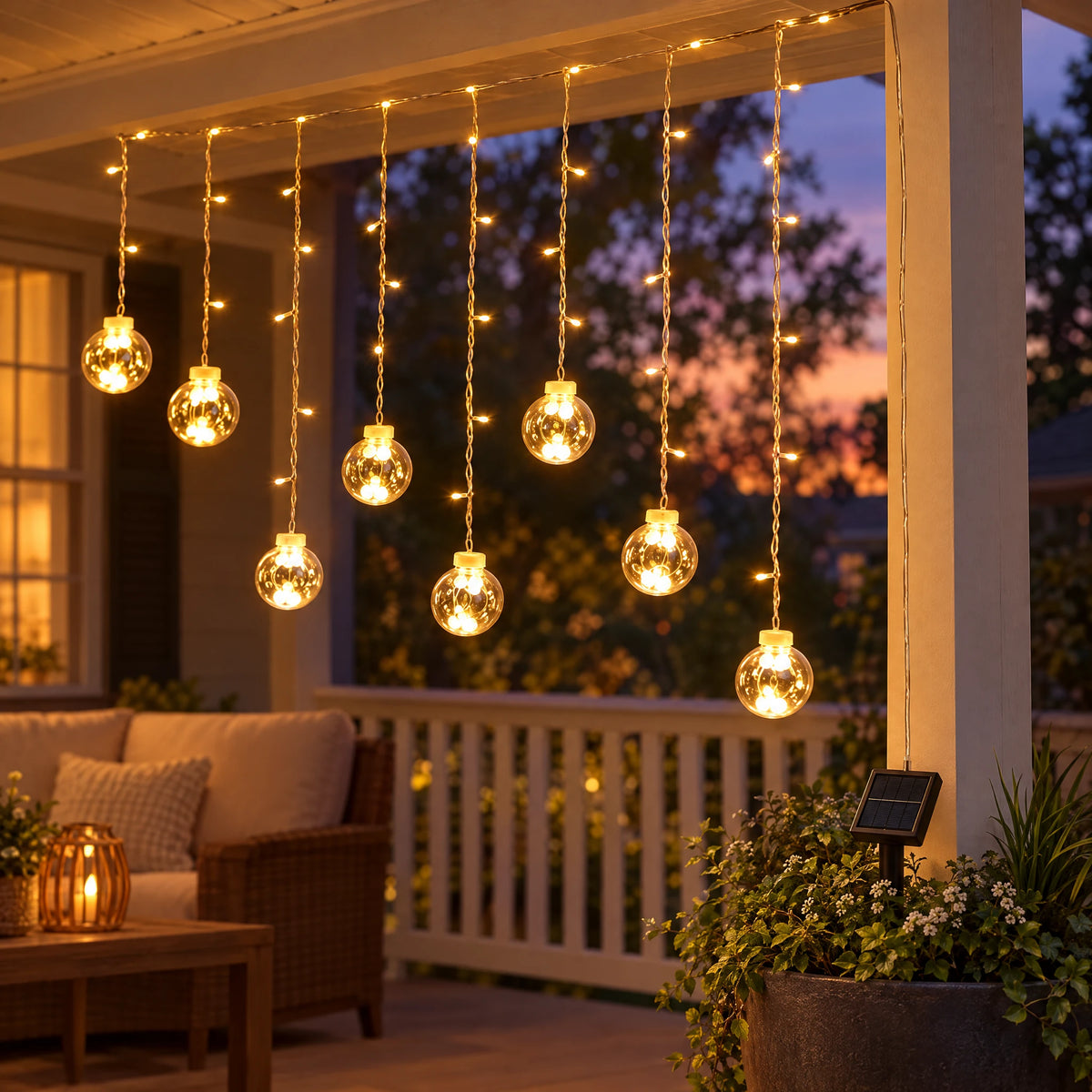 Star Curtain String Lights with Moon and Wishing Ball Styles - Wishing Ball Warm White - Solar 8 Functions