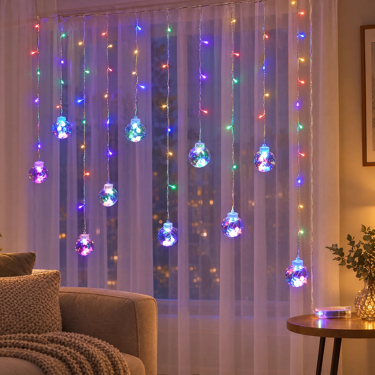 Star Curtain String Lights with Moon and Wishing Ball Styles - Wishing Ball Colorful - Battery Box Model