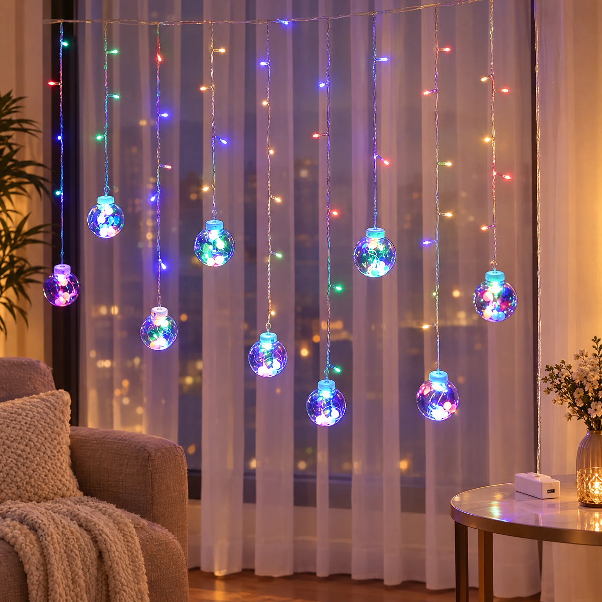 Star Curtain String Lights with Moon and Wishing Ball Styles - Wishing Ball Colorful - Battery Model +USB Dual-Use Model