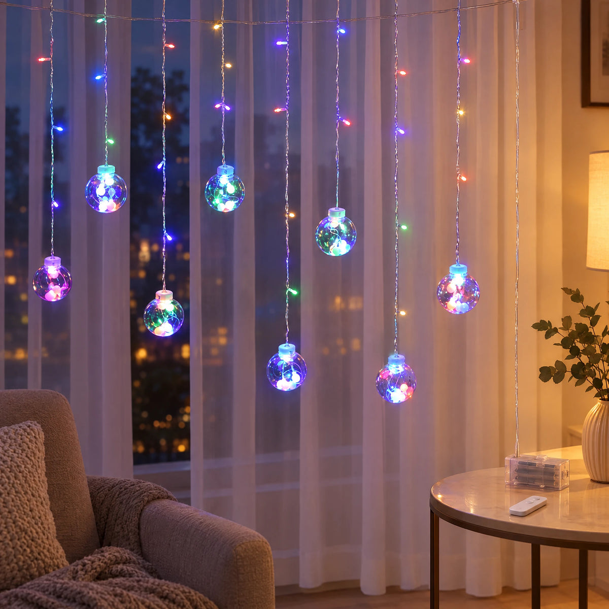 Star Curtain String Lights with Moon and Wishing Ball Styles - Wishing Ball Colorful - Battery Box with Remote Control