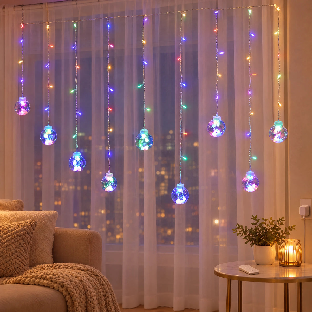 Star Curtain String Lights with Moon and Wishing Ball Styles - Wishing Ball Colorful - USB with Remote Control