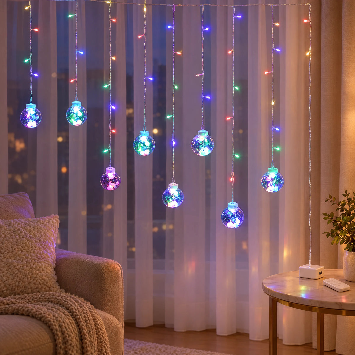 Star Curtain String Lights with Moon and Wishing Ball Styles - Wishing Ball Colorful - Battery +USB Dual-Use Model with Remote Control