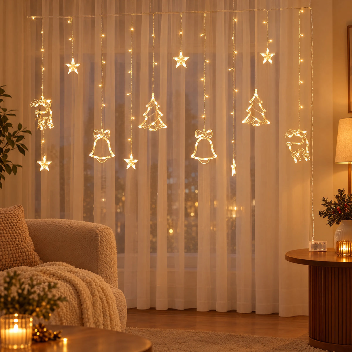 Star Curtain String Lights with Moon and Wishing Ball Styles - Christmas Three-Piece Set Warm White - Battery Box Model