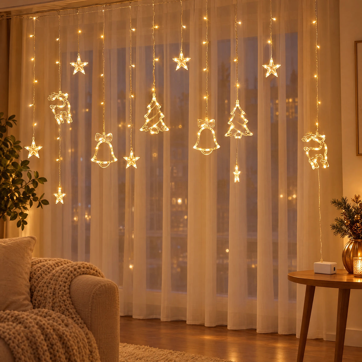 Star Curtain String Lights with Moon and Wishing Ball Styles - Christmas Three-Piece Set Warm White - Battery Model +USB Dual-Use Model