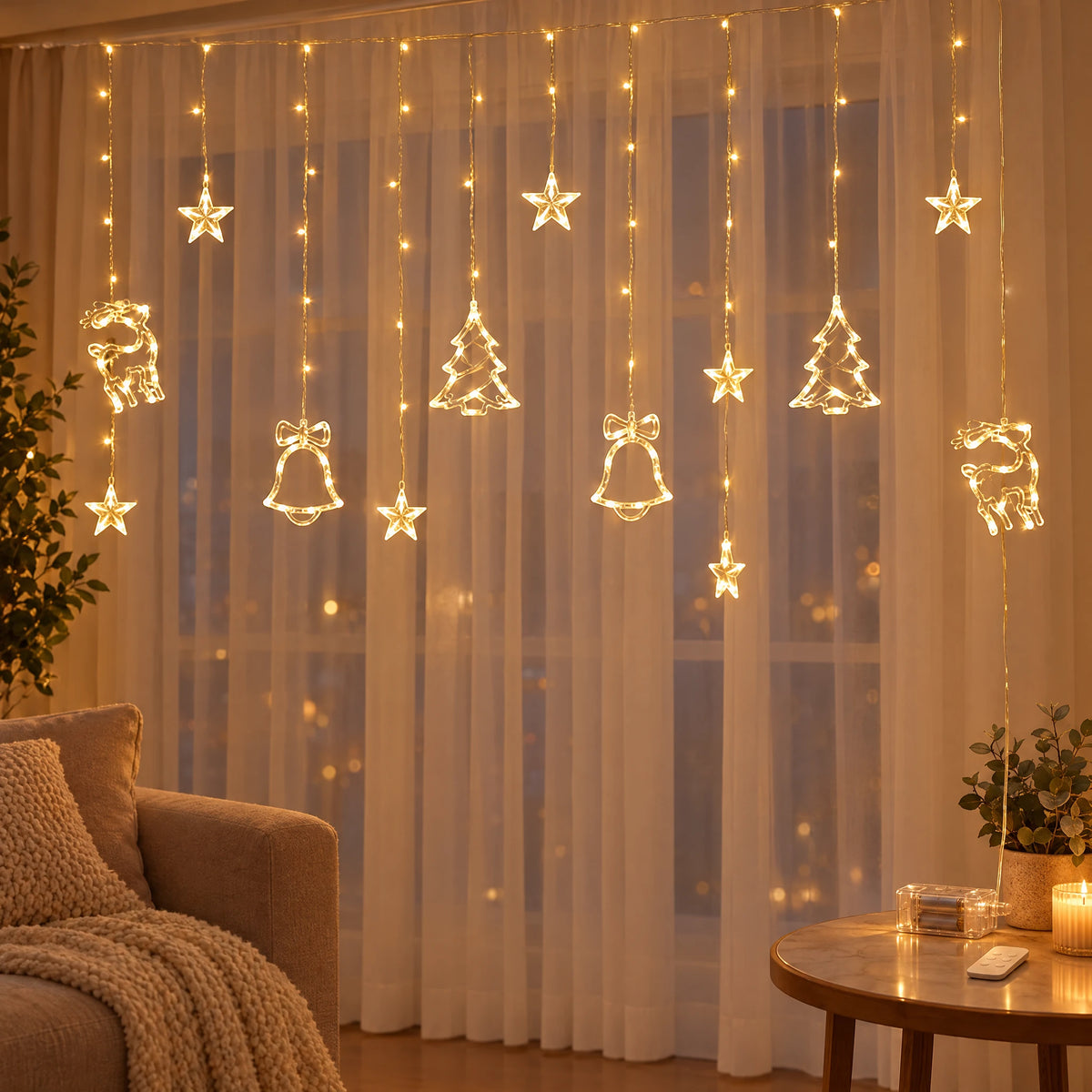 Star Curtain String Lights with Moon and Wishing Ball Styles - Christmas Three-Piece Set Warm White - Battery Box with Remote Control
