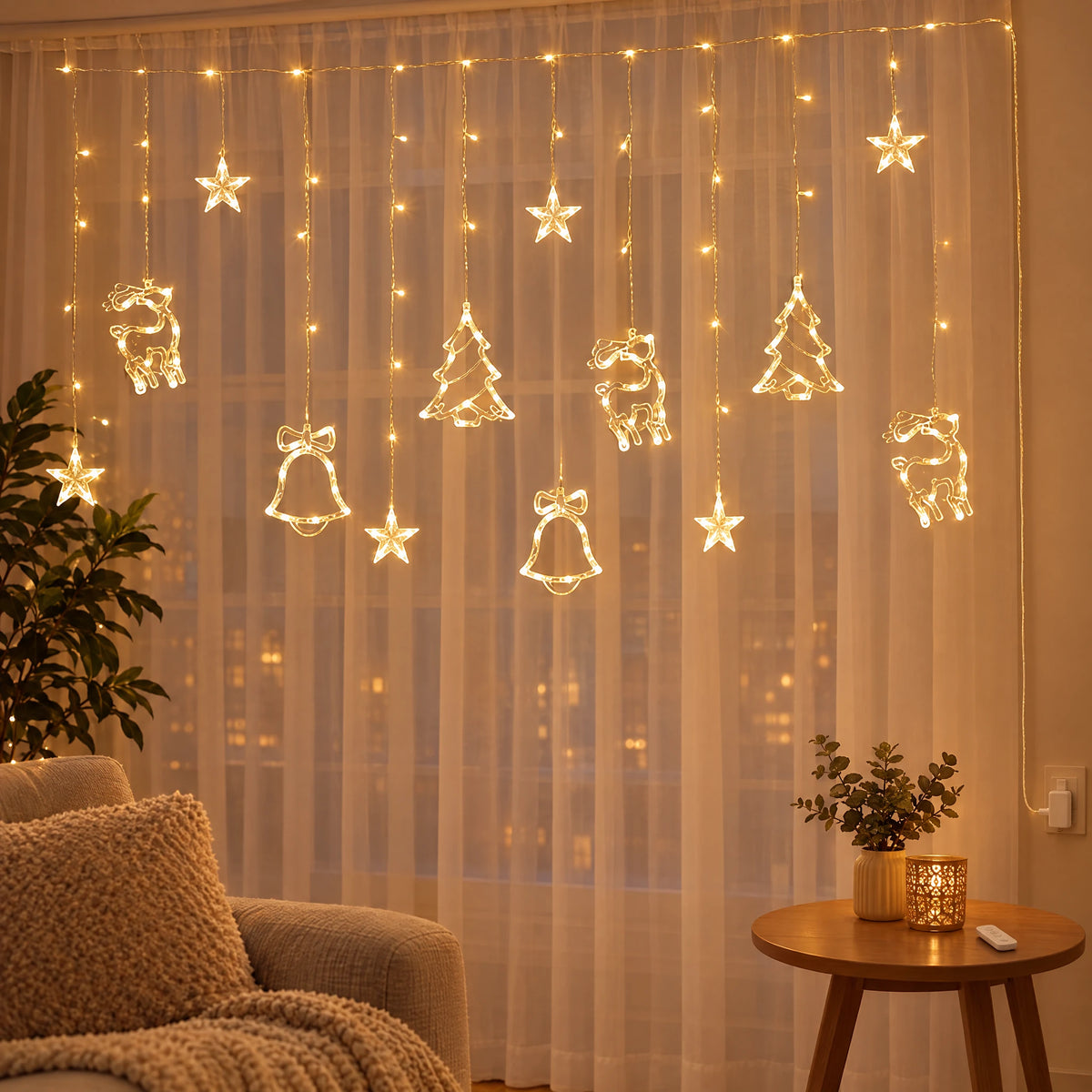 Star Curtain String Lights with Moon and Wishing Ball Styles - Christmas Three-Piece Set Warm White - USB with Remote Control