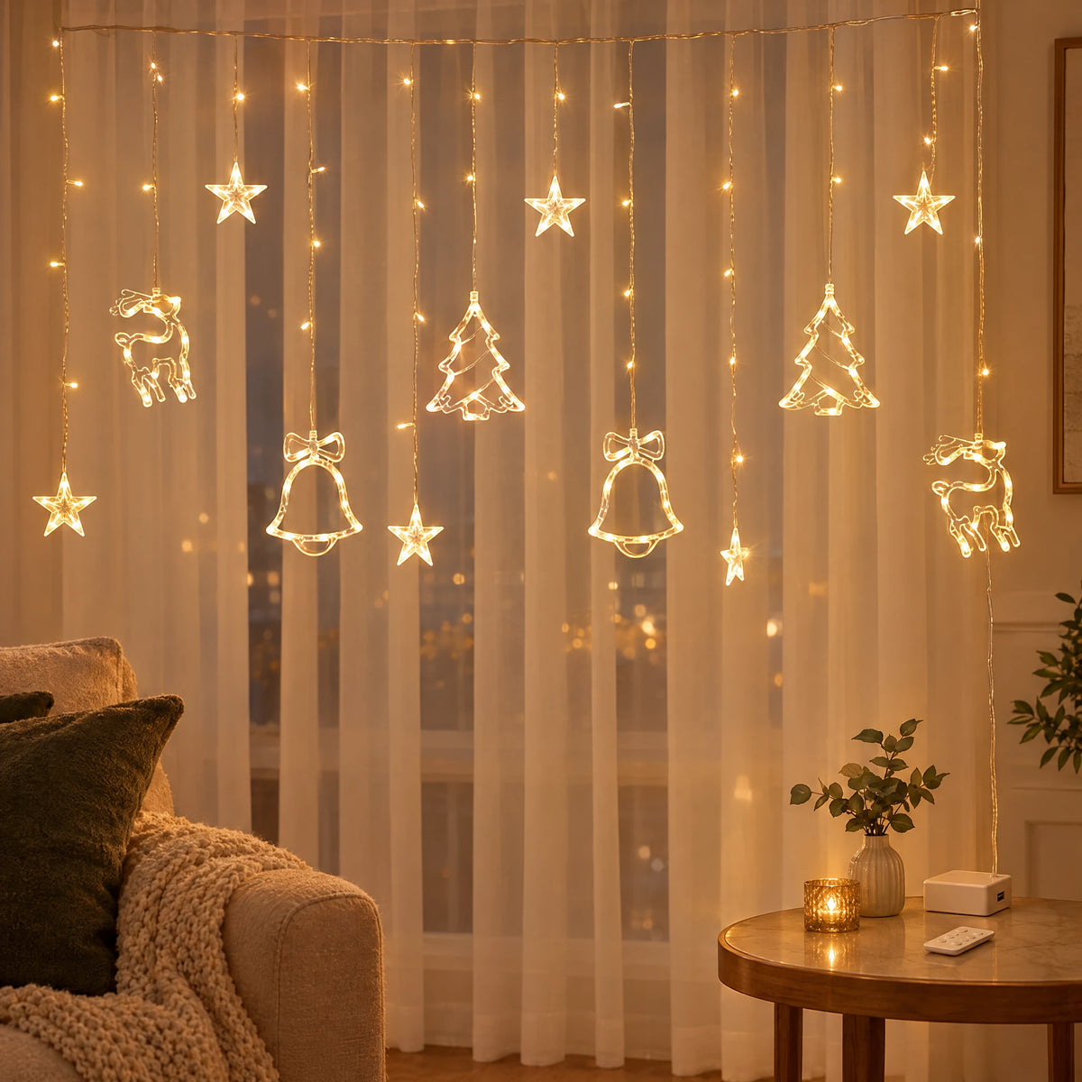 Star Curtain String Lights with Moon and Wishing Ball Styles - Christmas Three-Piece Set Warm White - Battery +USB Dual-Use Model with Remote Control