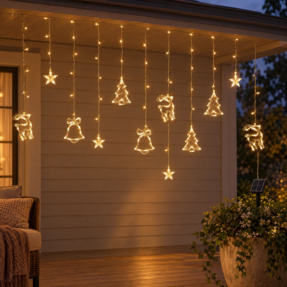Star Curtain String Lights with Moon and Wishing Ball Styles - Christmas Three-Piece Set Warm White - Solar 8 Functions
