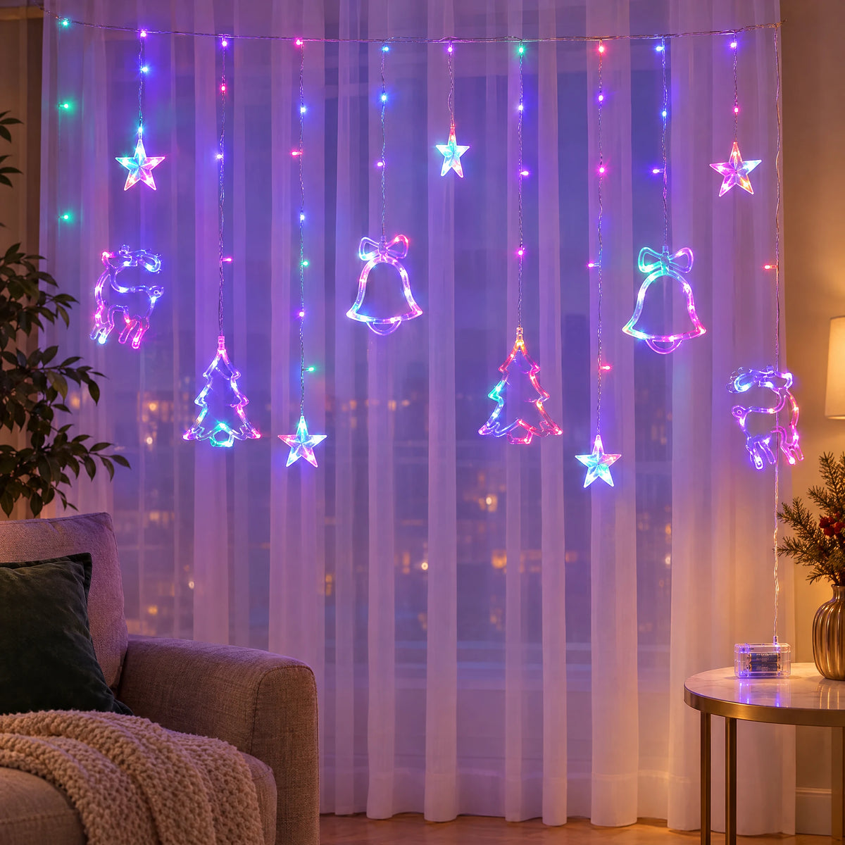 Star Curtain String Lights with Moon and Wishing Ball Styles - Christmas Three-Piece Set Colorful - Battery Box Model