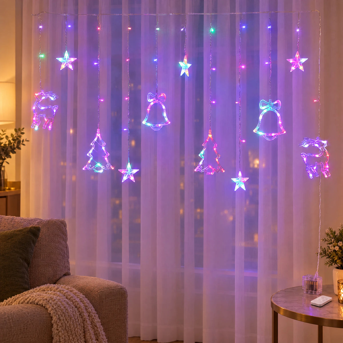 Star Curtain String Lights with Moon and Wishing Ball Styles - Christmas Three-Piece Set Colorful - Battery Box with Remote Control