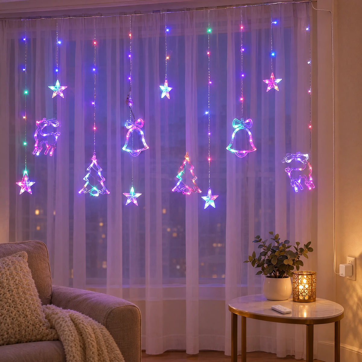 Star Curtain String Lights with Moon and Wishing Ball Styles - Christmas Three-Piece Set Colorful - USB with Remote Control