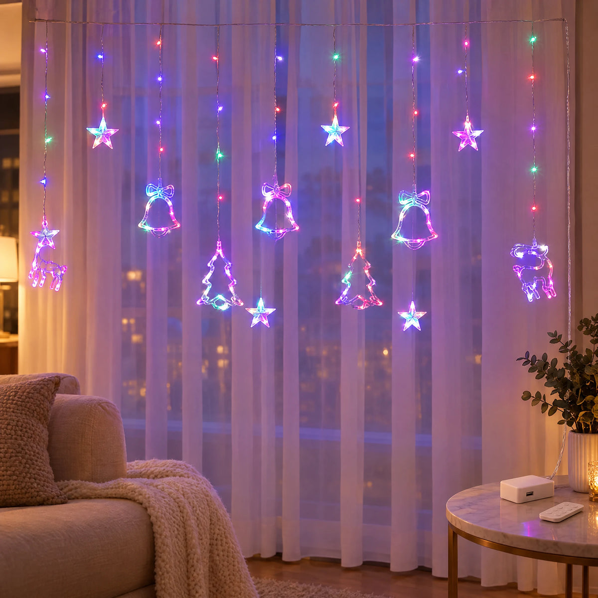 Star Curtain String Lights with Moon and Wishing Ball Styles - Christmas Three-Piece Set Colorful - Battery +USB Dual-Use Model with Remote Control